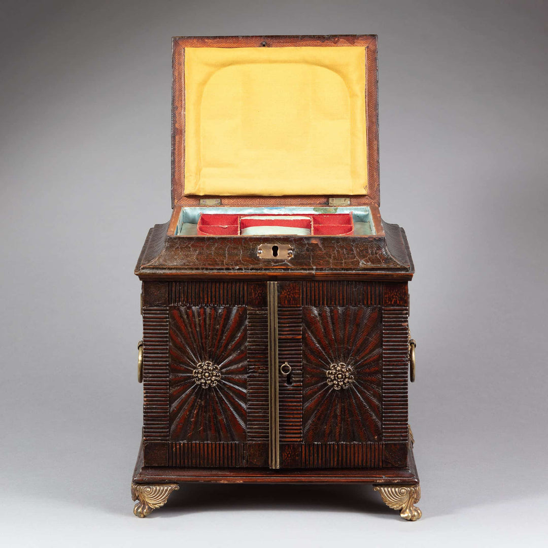 Regency leather fitted tabletop casket with intricate woodwork and brass feet by Collection CK10 elegant storage chest