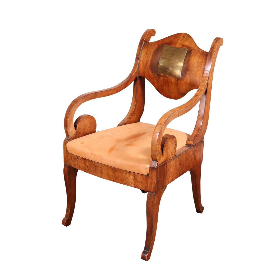 Antique Baltic armchair with walnut veneer and brass plaque, Regency style, Collection PK10, Crimean War provenance.