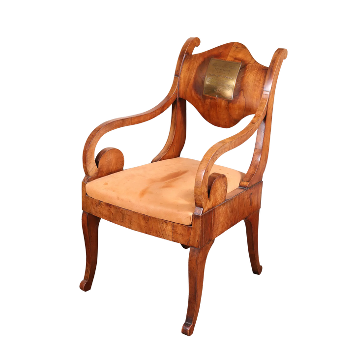 Antique Baltic armchair with walnut veneer and brass plaque, Regency style, Collection PK10, Crimean War provenance.