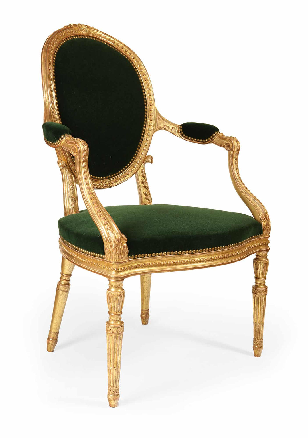 Elegant George III giltwood armchair with green velvet upholstery from Collection CK20, circa 1780 English craftsmanship.