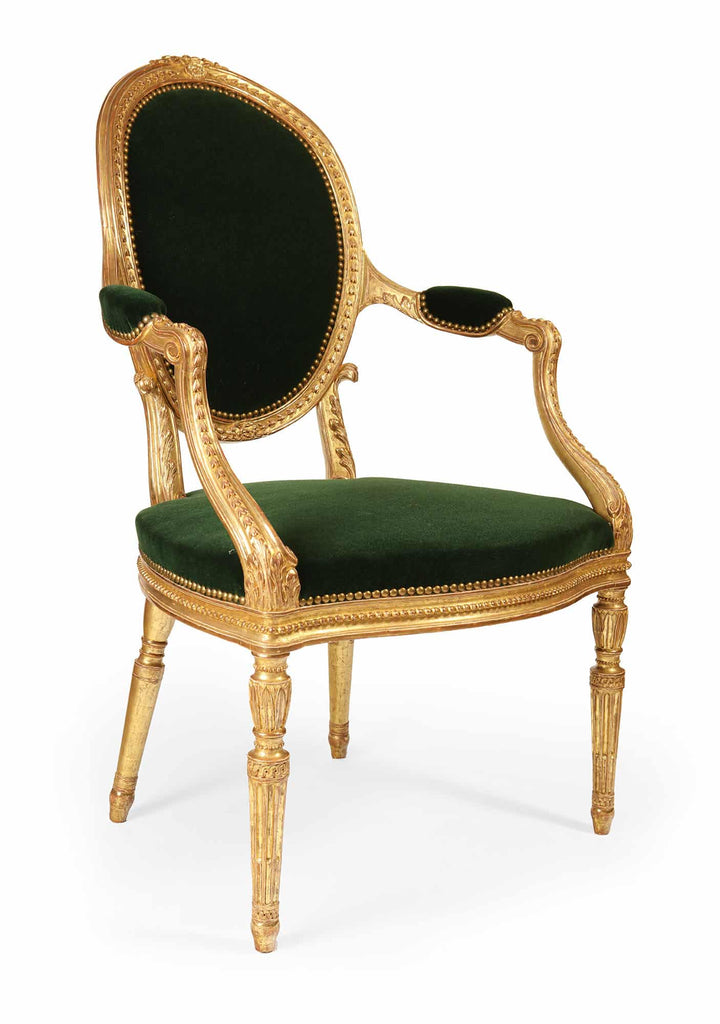 Elegant George III giltwood armchair with green velvet upholstery from Collection CK20, circa 1780 English craftsmanship.
