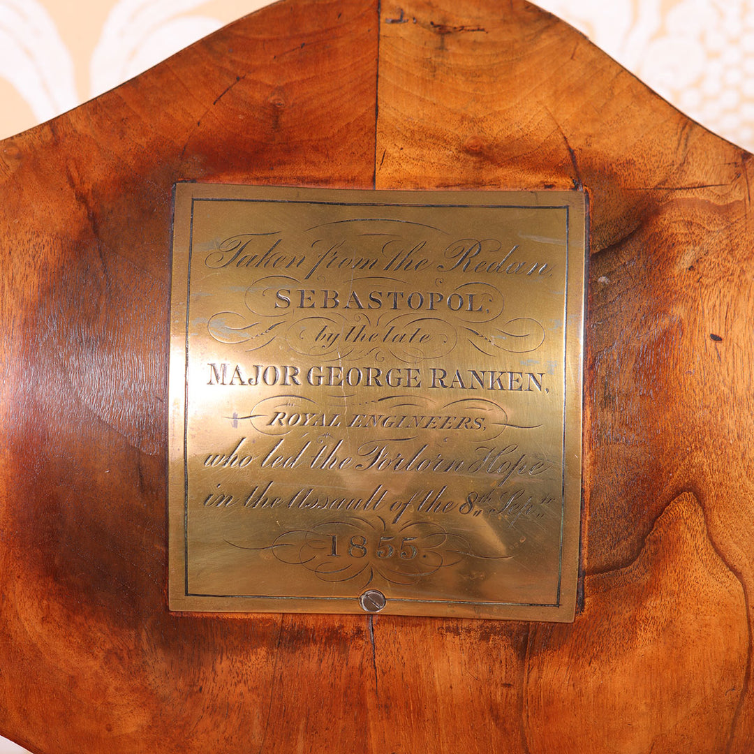 Brass plaque on antique Baltic armchair commemorating its seizure at Sebastopol by Major George Ranken Collection PK10