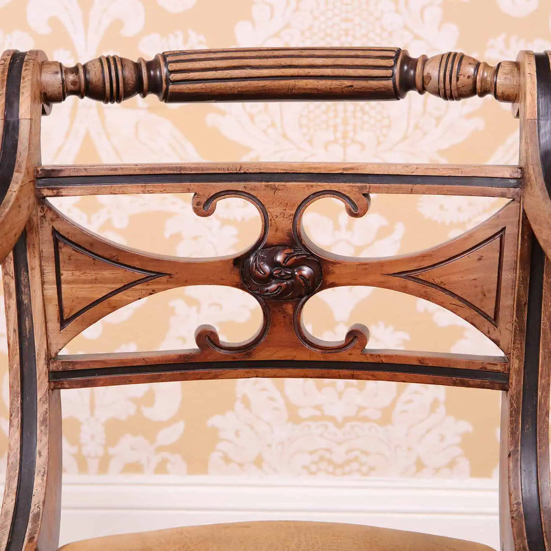 Close-up of Regency armchair backrest with intricate black inlay from Collection PK10 showing fine craftsmanship