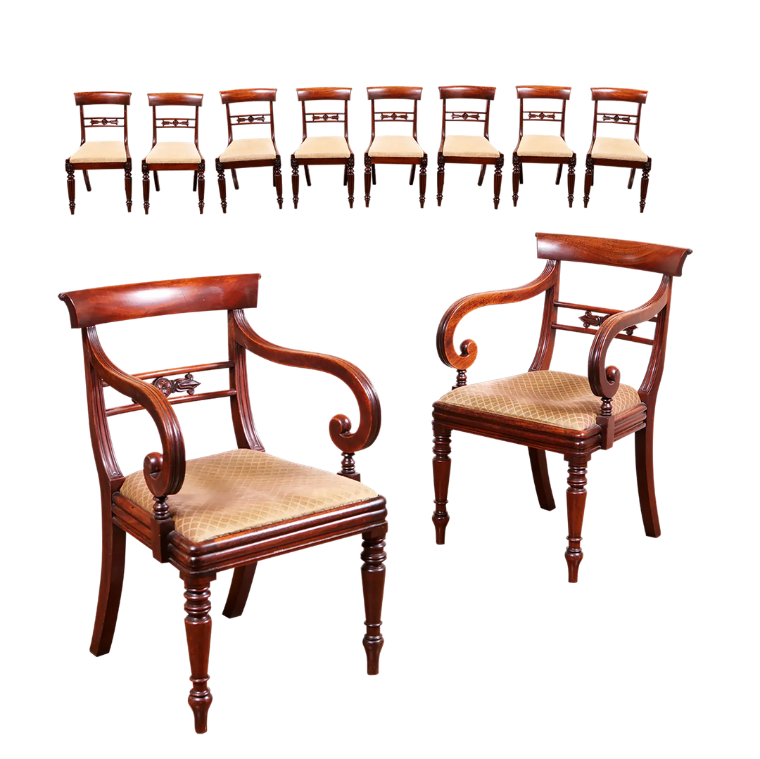 Set of 2+8 William IV mahogany dining chairs with upholstered seats by Collection PK10, circa 1815 England.