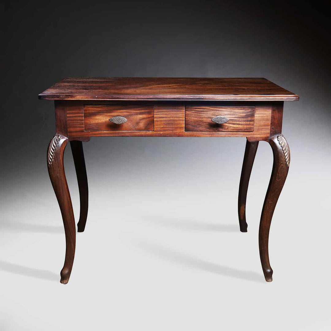 Ceylonese writing table with carved cabriole legs and two drawers from Collection EE40 in polished hardwood finish
