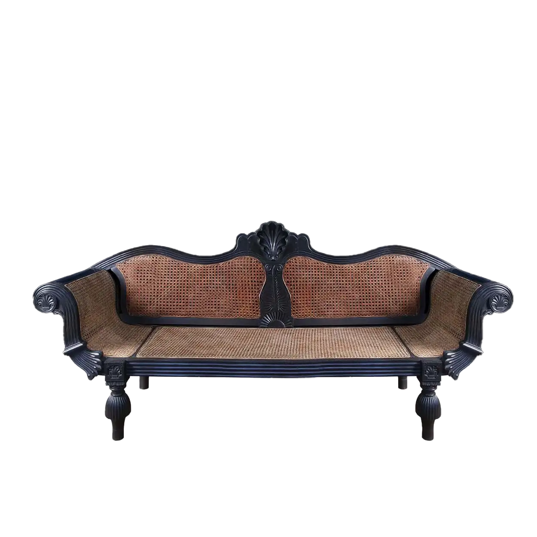19th century solid ebony carved sofa from Ceylon with woven cane seating by Collection EE20