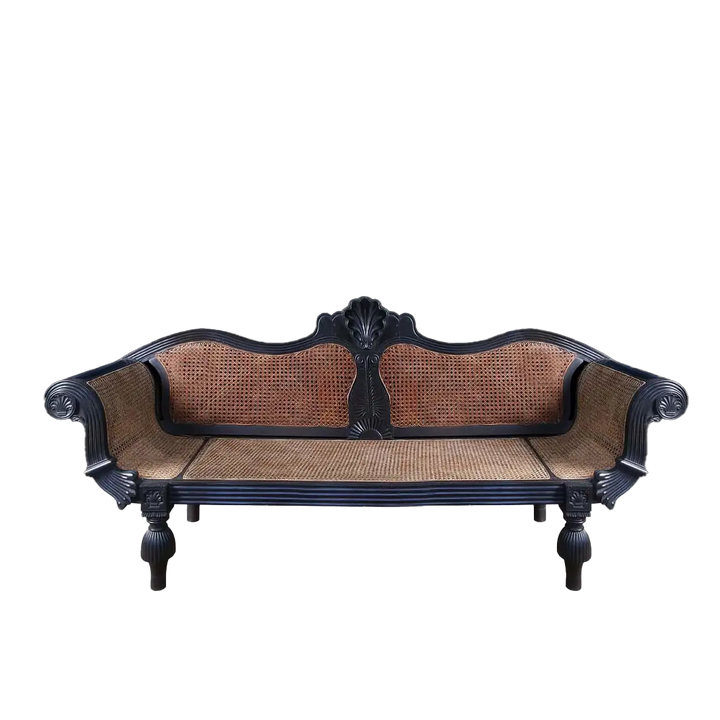 19th century solid ebony carved sofa from Ceylon with woven cane seating by Collection EE20