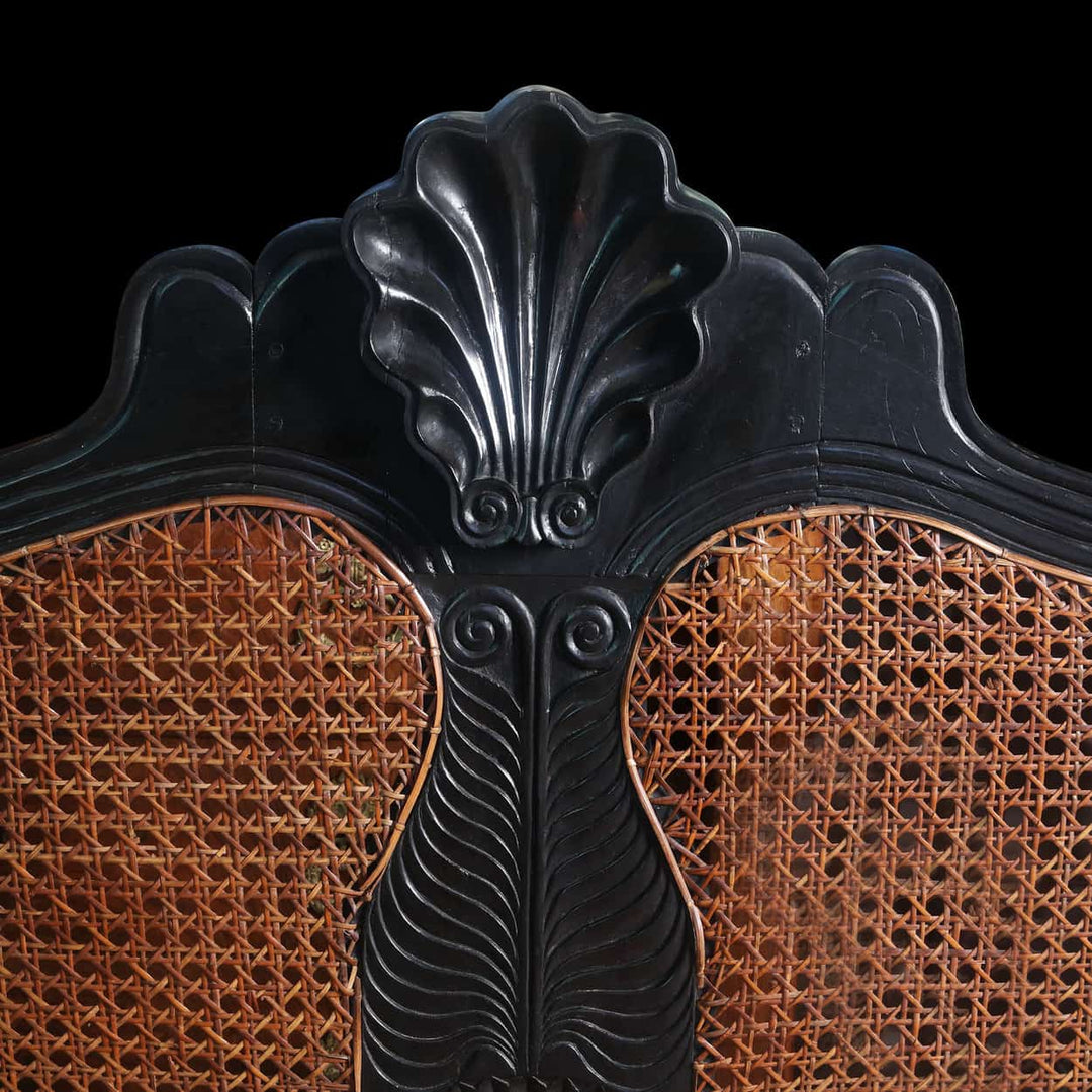 Close-up of 19th century Ceylonese solid ebony carved sofa backrest by Collection EE20 with intricate detailing
