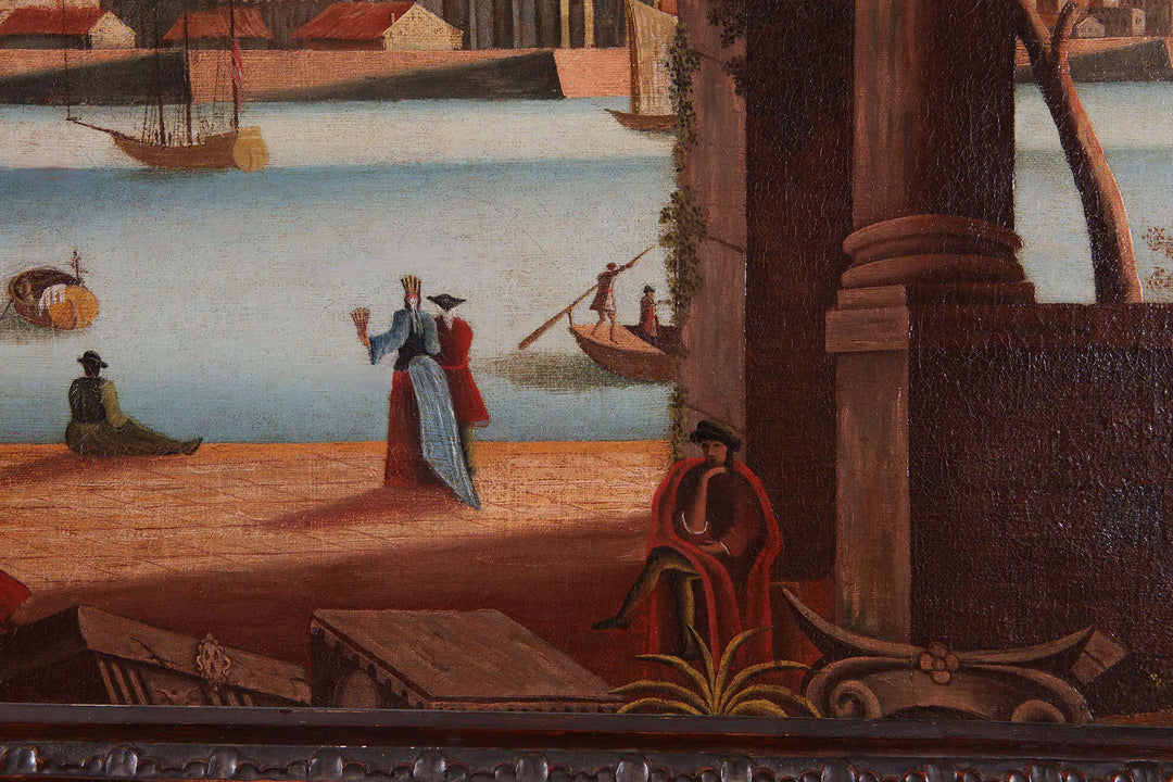 Large Decorative Mediterranean View painting showing lively port scene by Collection PK10 with 19th-century Italian style