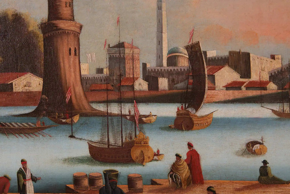 Large Decorative Mediterranean View by Collection PK10 showing a vibrant 19th-century Italian port scene with ships and waterfront buildings
