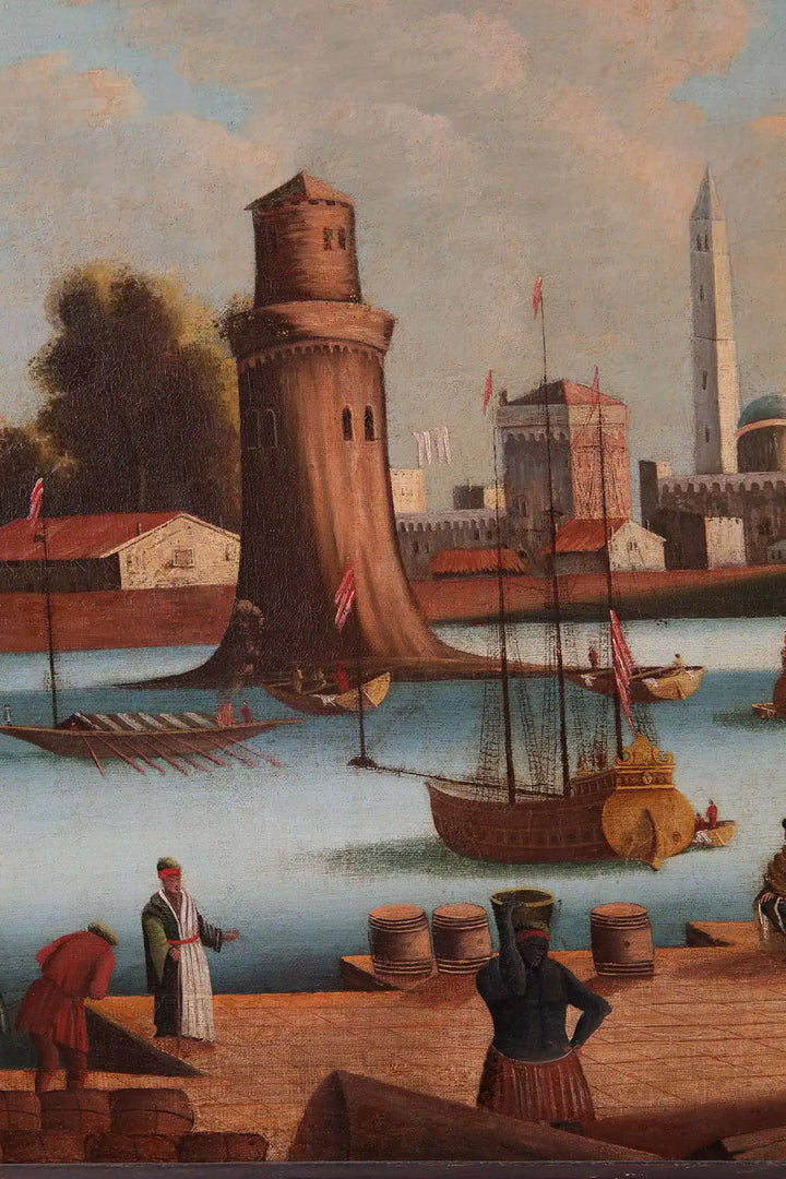 Large Decorative Mediterranean View painting by Collection PK10 featuring a historic Mediterranean port scene with ships and towers