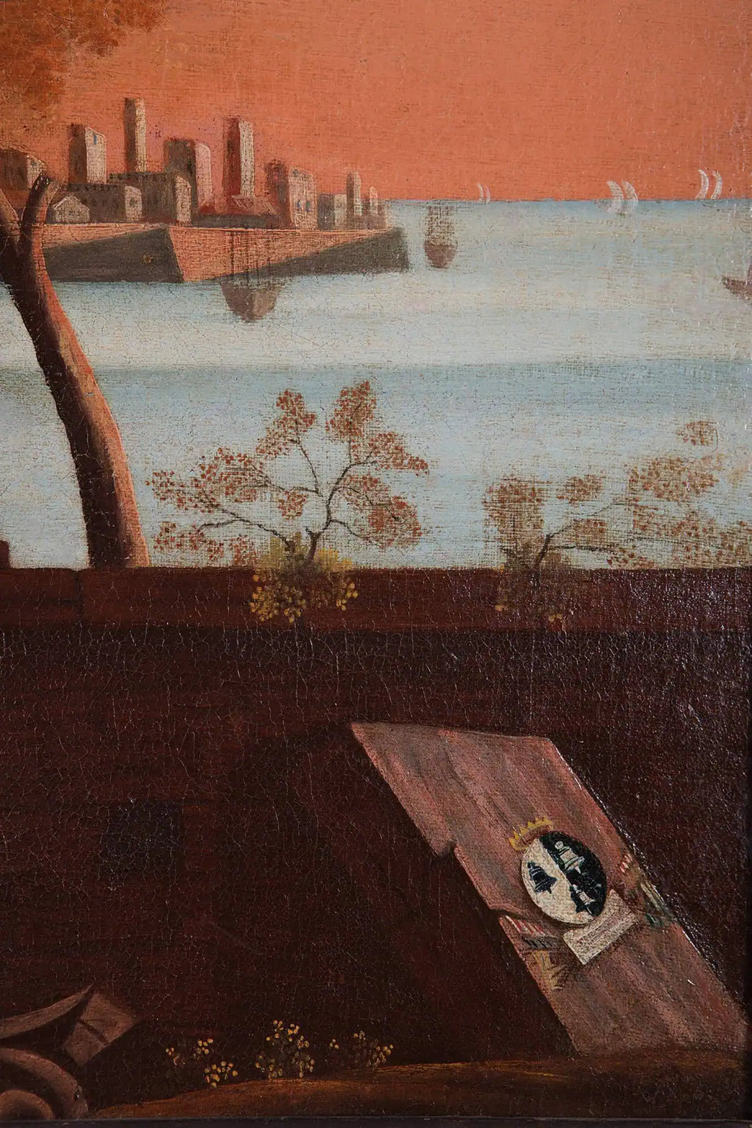 Large Decorative Mediterranean View by Collection PK10 showing a historic Italian port with boats under a warm sunset sky