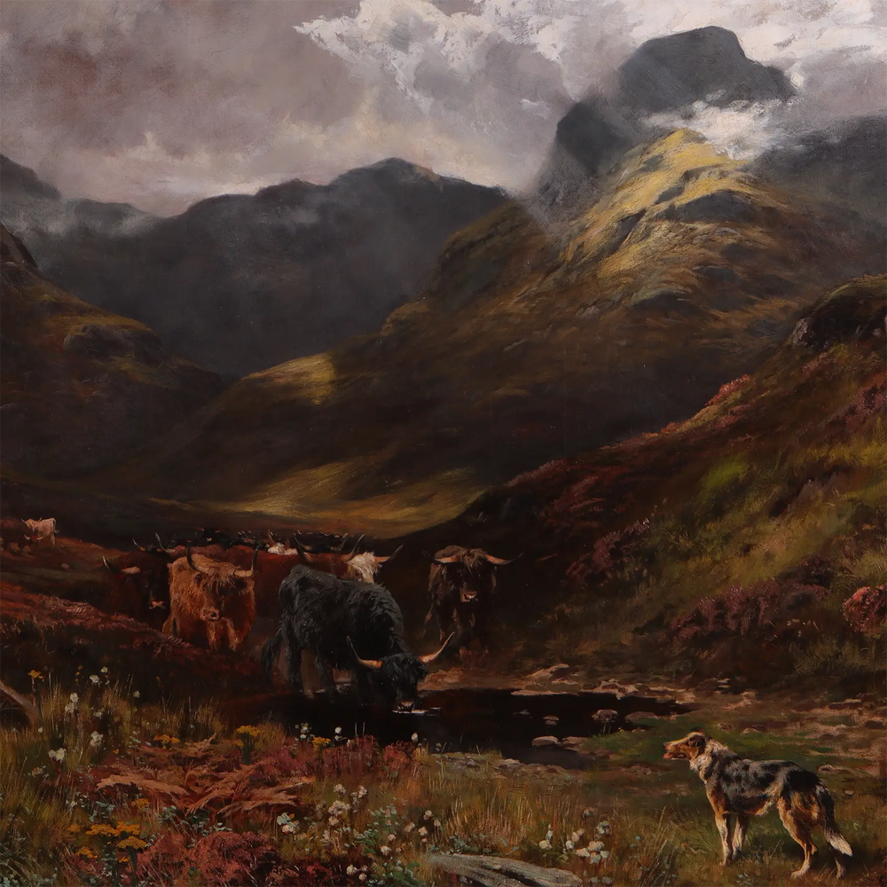 Henry Hadfield Cubley oil painting of Highland cattle and dog near Loch Lomond mountains Collection PK10