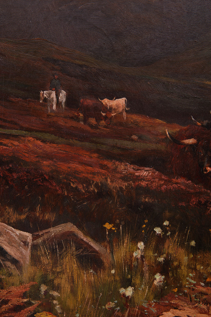 Victorian oil painting by Henry Hadfield Cubley of cattle and rider in Scottish Highlands by Collection PK10