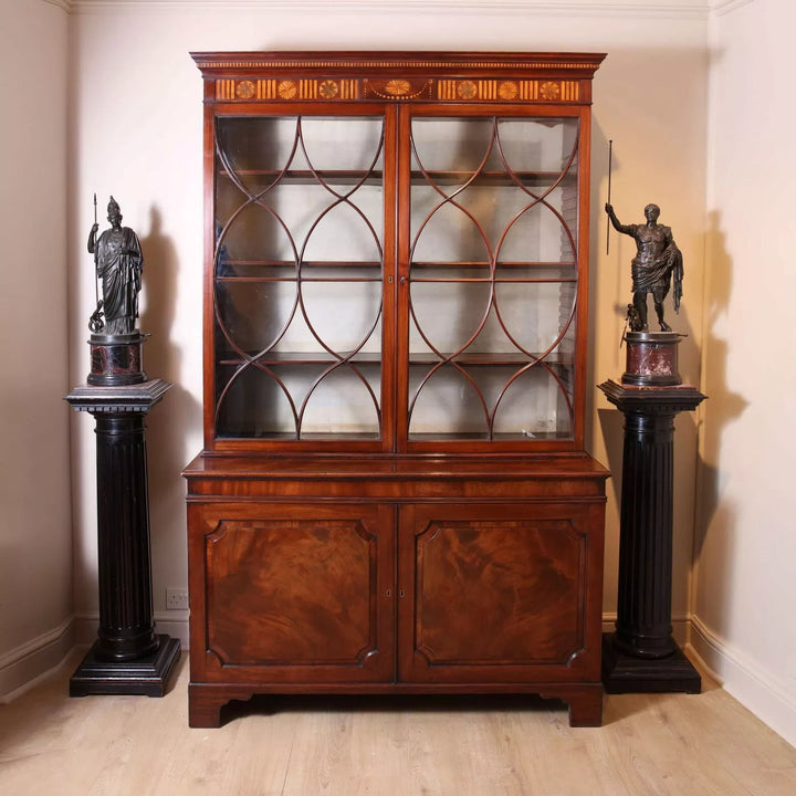 George III Sheraton mahogany cabinet bookcase with intricate glazing and boxwood inlay by Collection CK20