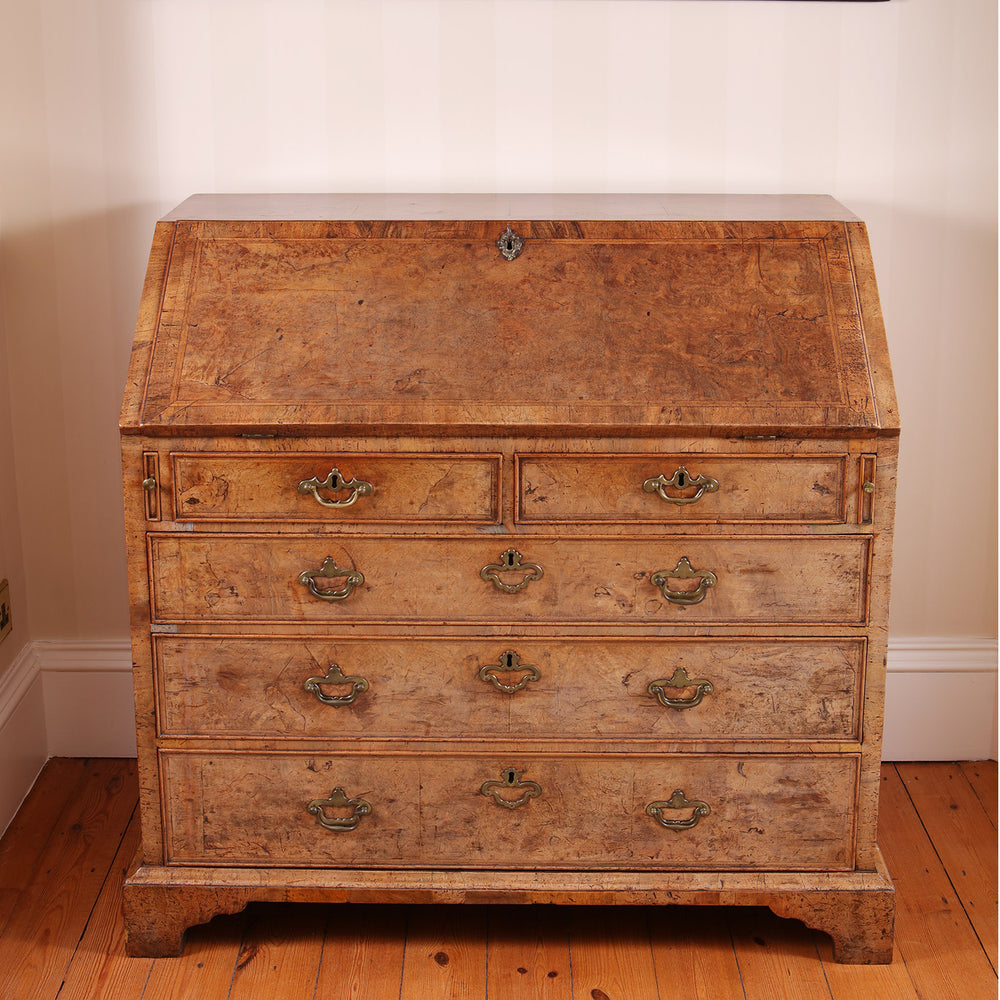 Ham House George I burr walnut bureau with brass hardware by Nwtiques, early 18th-century English piece