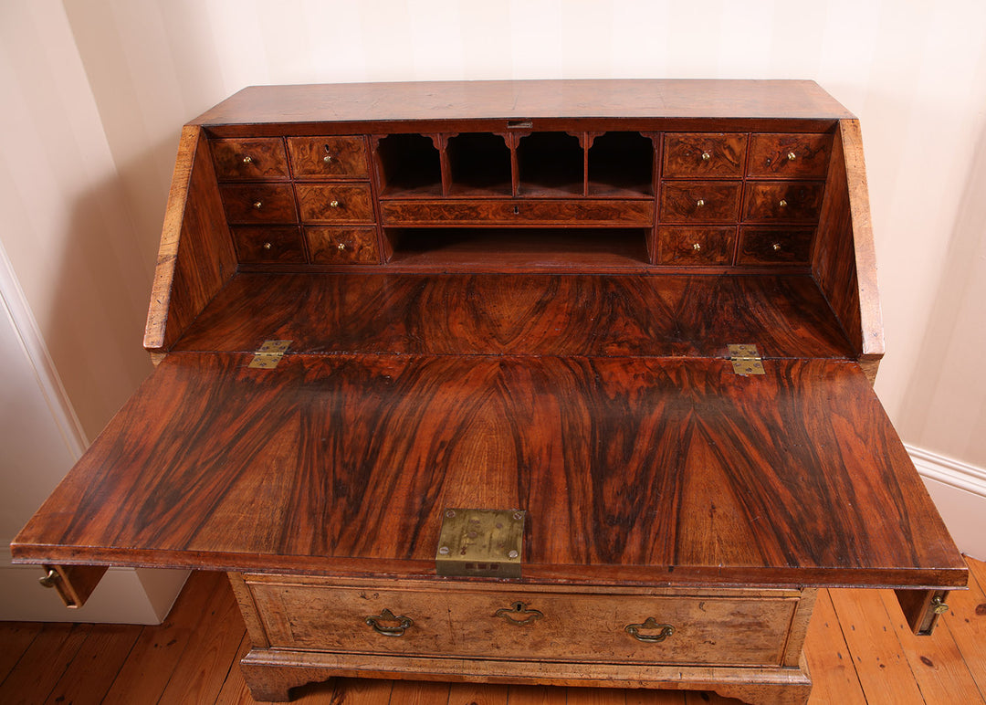 Ham House George I burr walnut bureau open with intricate drawers by Nwtiques