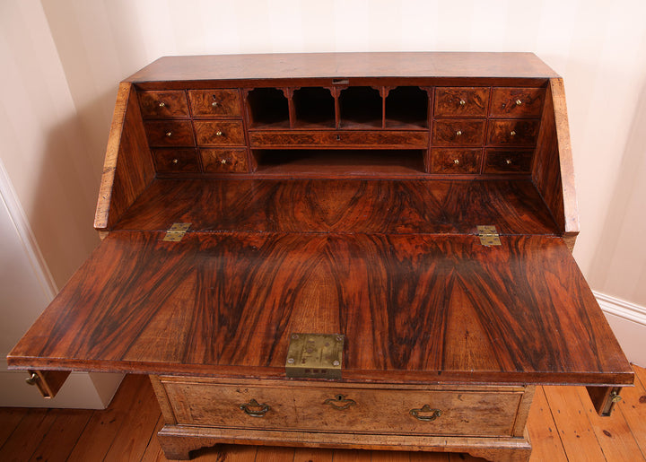 Ham House George I burr walnut bureau open with intricate drawers by Nwtiques