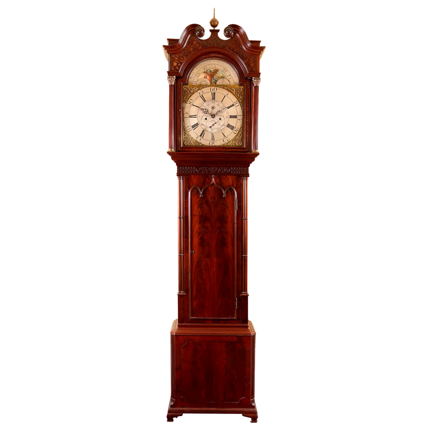 Elegant 18th-century Sanders of Manchester mahogany longcase clock with Gothic details, from Collection PK10.