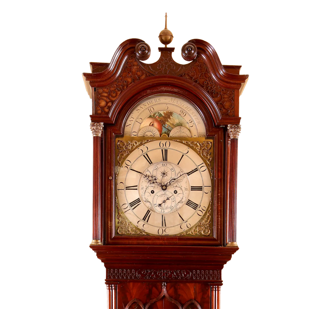 Sanders of Manchester mahogany longcase clock with moonphase dial by Collection PK10, Georgian period elegance