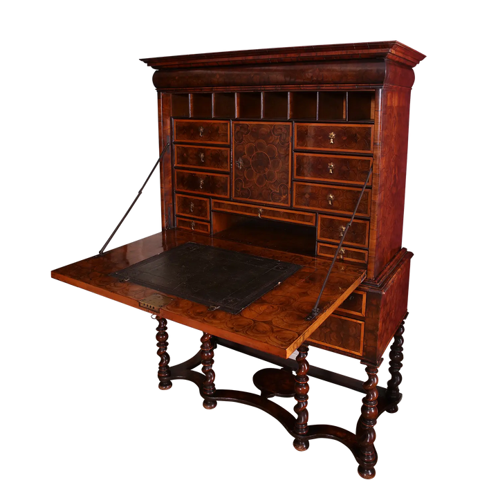 William and Mary oyster laburnum secretaire cabinet on stand with intricate drawers by Collection PK10