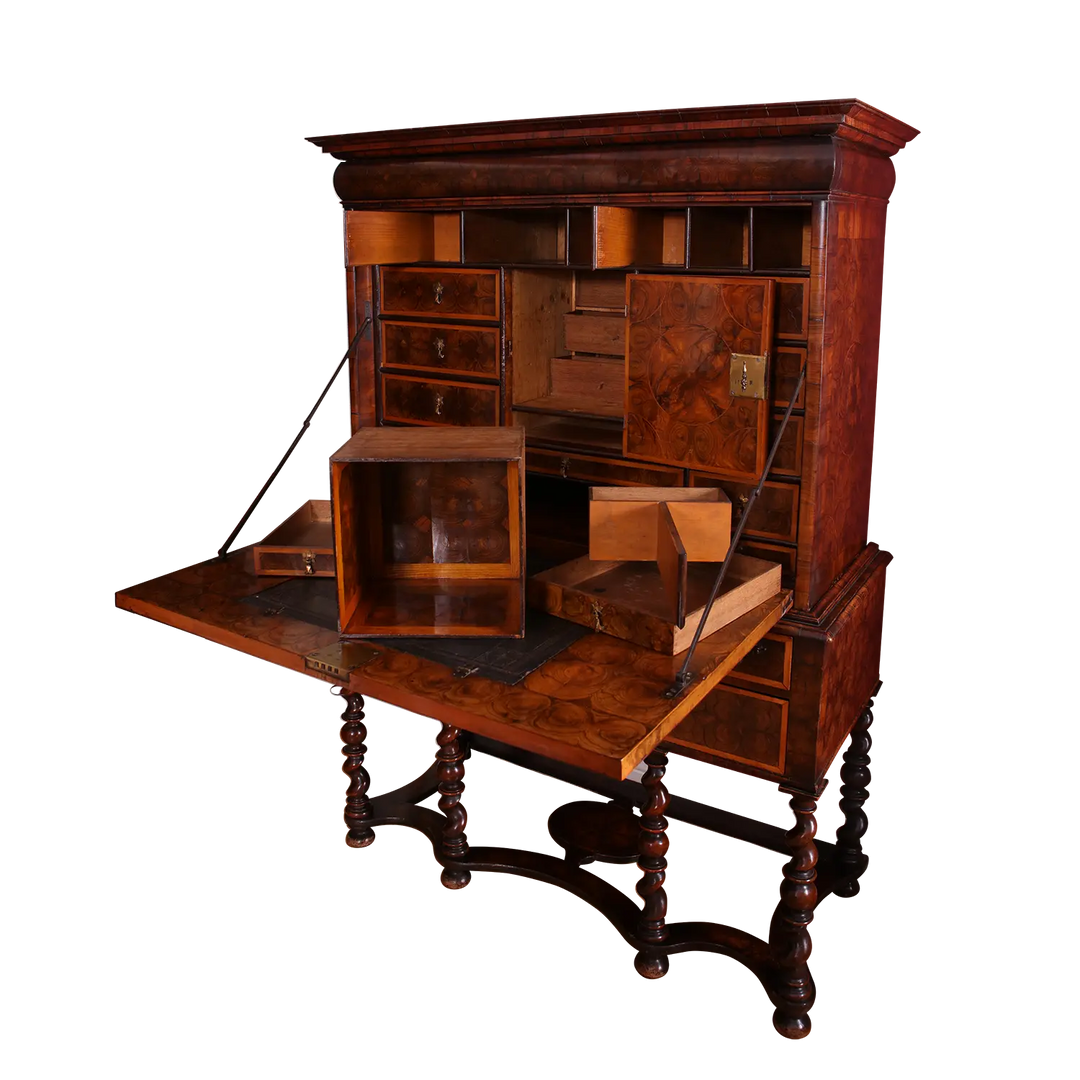 William and Mary Laburnum oyster secretaire cabinet on stand circa 1680 with intricate veneer by Collection PK10