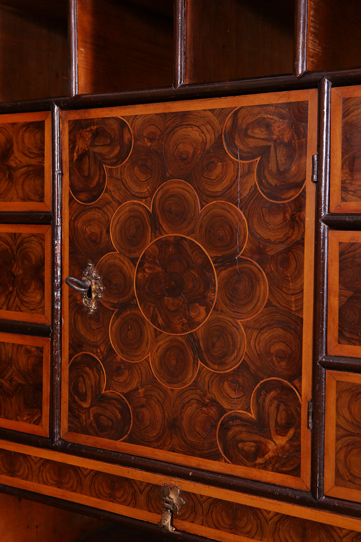 Close-up of William and Mary Laburnum oyster veneered secretaire cabinet door by Collection PK10