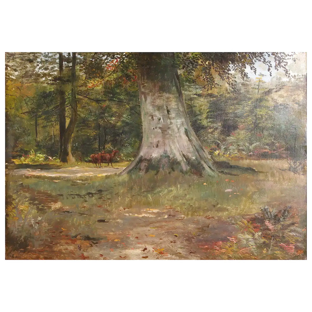 Late Victorian oil painting of two deer among beech trees in dappled sunlight by Collection PK10