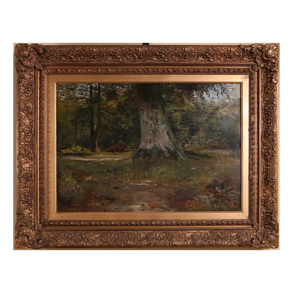 Late Victorian oil painting Deer in Woods with two deer near beech trees by Collection PK10 in ornate frame