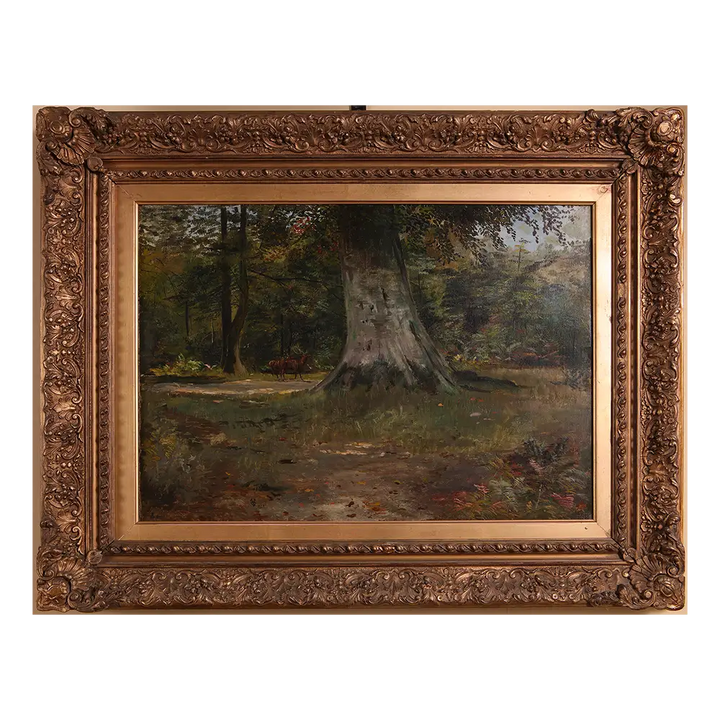 Late Victorian oil painting Deer in Woods with two deer near beech trees by Collection PK10 in ornate frame