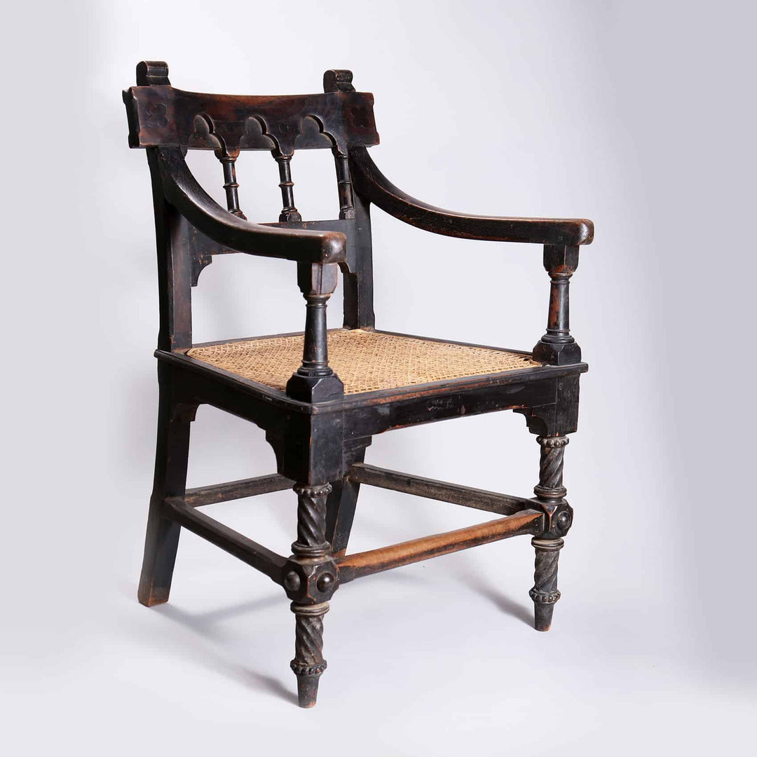 Indian Bombay Gothic armchair with cane seat and detailed carved wood, circa 1860, from Collection EE30