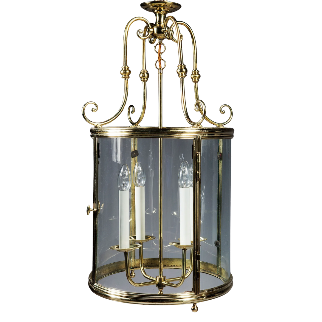 Large-scale French circular brass lantern with glass panels and candle-style lights by Collection TH10