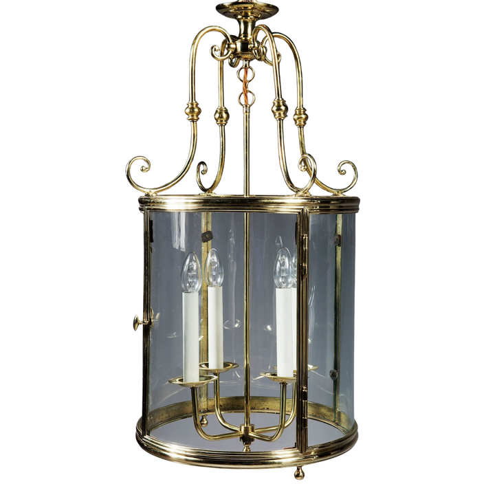 Large-scale French circular brass lantern with glass panels and candle-style lights by Collection TH10