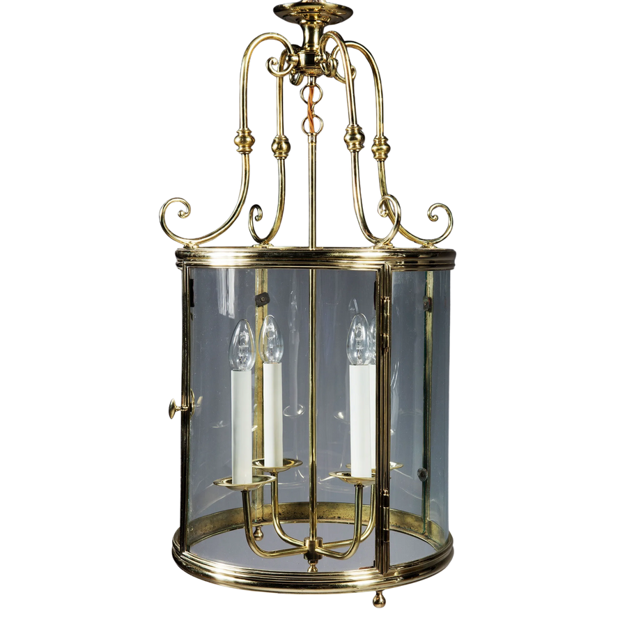 Large-scale French circular brass lantern with glass panels and candle-style lights by Collection TH10