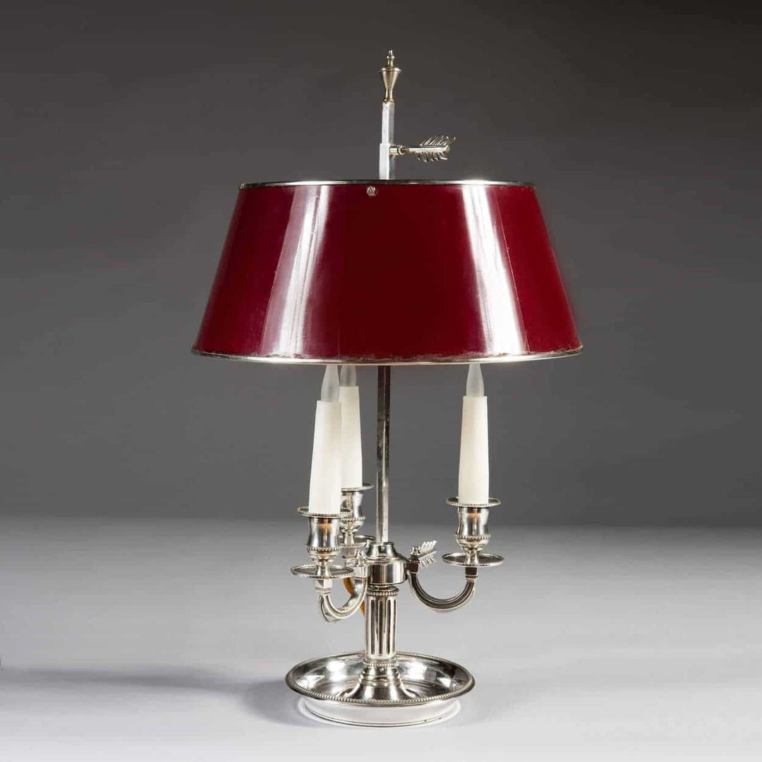 Elegant Louis XVI style Bouillotte desk lamp with burgundy shade and silver plate finish by The Sold Archive