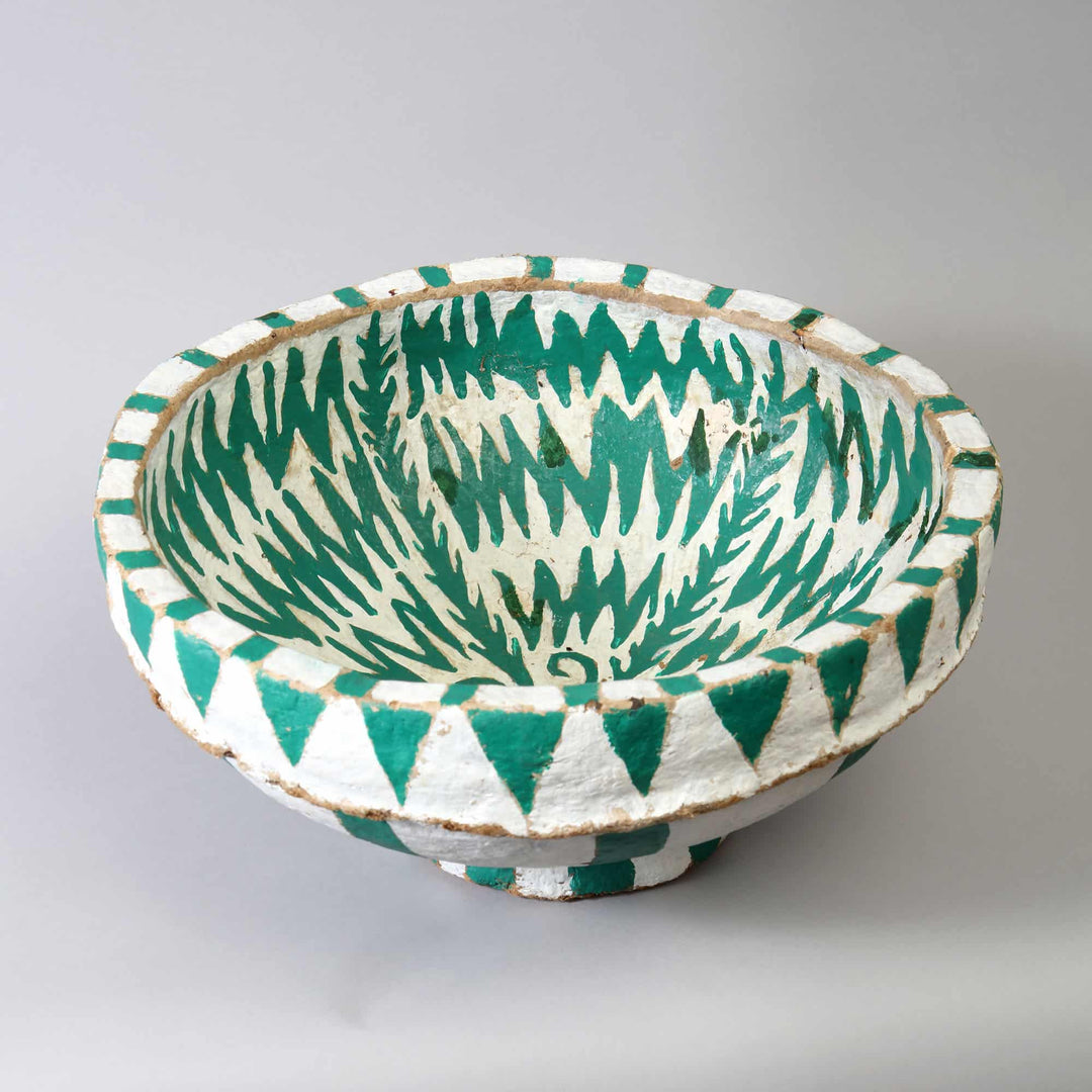 Papier Mache Green and White Painted Bowl by Collection EE20 with geometric patterns, Morocco, circa 1970, 42 cm diameter