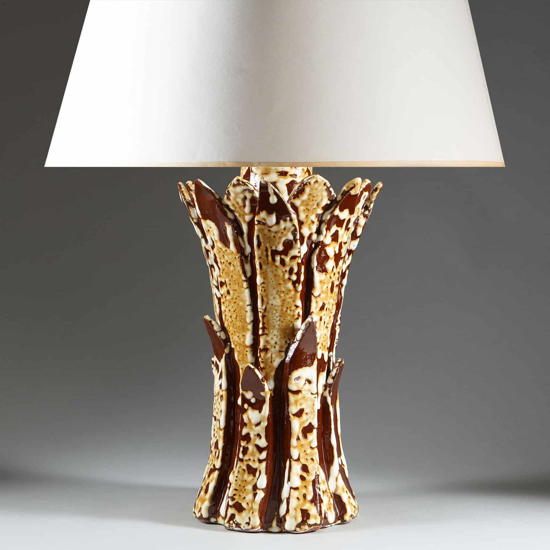 Two Tone Glazed Ceramic Foliate Vase Mounted as Table Lamp with brown and beige ceramic base and white lampshade