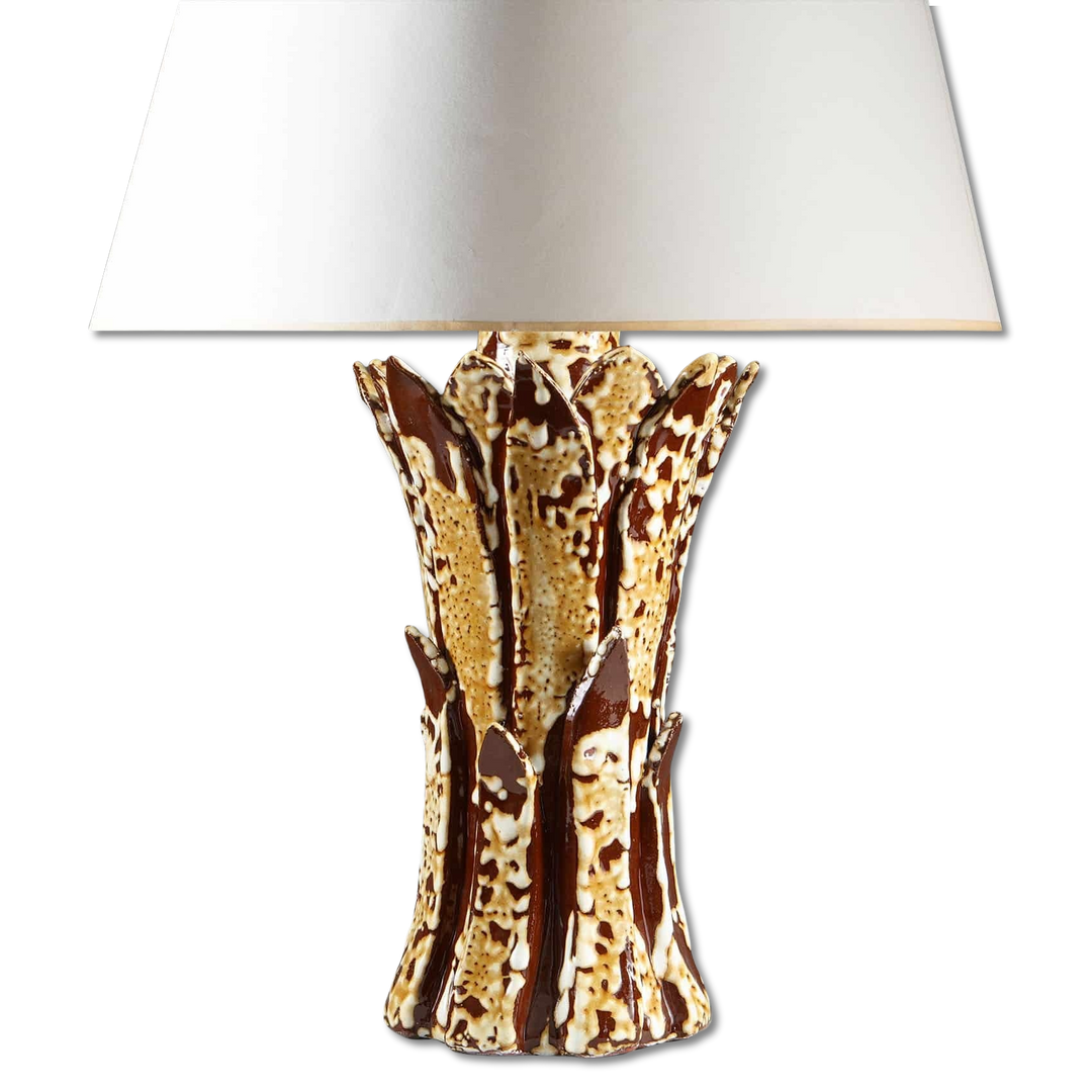Two Tone Glazed Ceramic Foliate Vase Mounted as Table Lamp with brown and cream ceramic base and white lampshade.