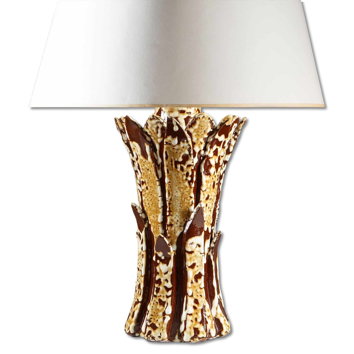Two Tone Glazed Ceramic Foliate Vase Mounted as Table Lamp with brown and cream ceramic base and white lampshade.
