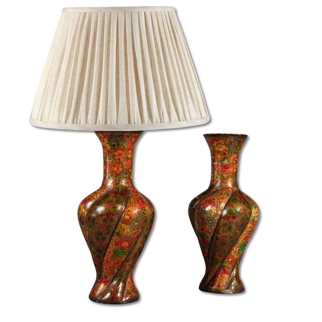 Pair of 20th Century Kashmiri Spiral Polychrome Vases as Table Lamps with floral lacquer design, circa 1970, 32 cm height.