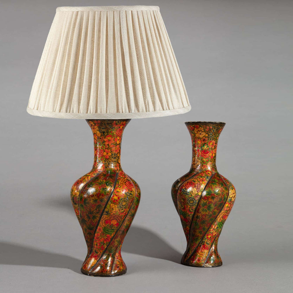 Pair of 20th Century Kashmiri Spiral Polychrome Vases as Table Lamps with floral lacquer design and pleated shade.