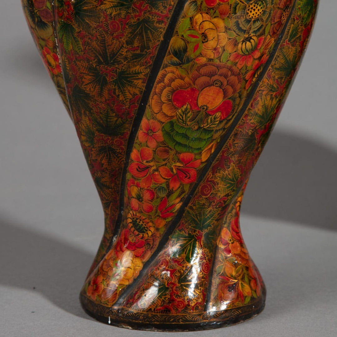 Pair of 20th Century Kashmiri Spiral Polychrome Vases as Table Lamps with intricate floral designs and lacquer finish.