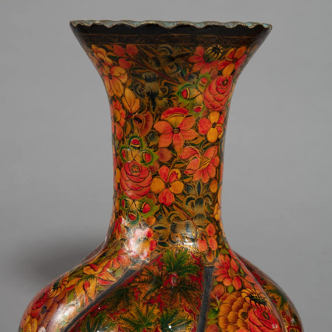 Pair of 20th Century Kashmiri Spiral Polychrome Vases as Table Lamps with vibrant floral lacquer design