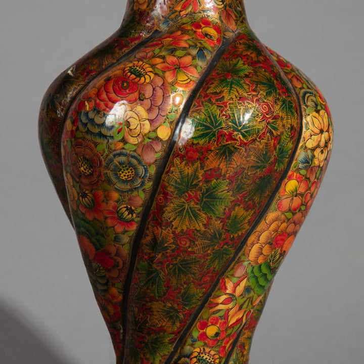 Pair of 20th Century Kashmiri Spiral Polychrome Vases as Table Lamps with intricate floral lacquer design circa 1970.