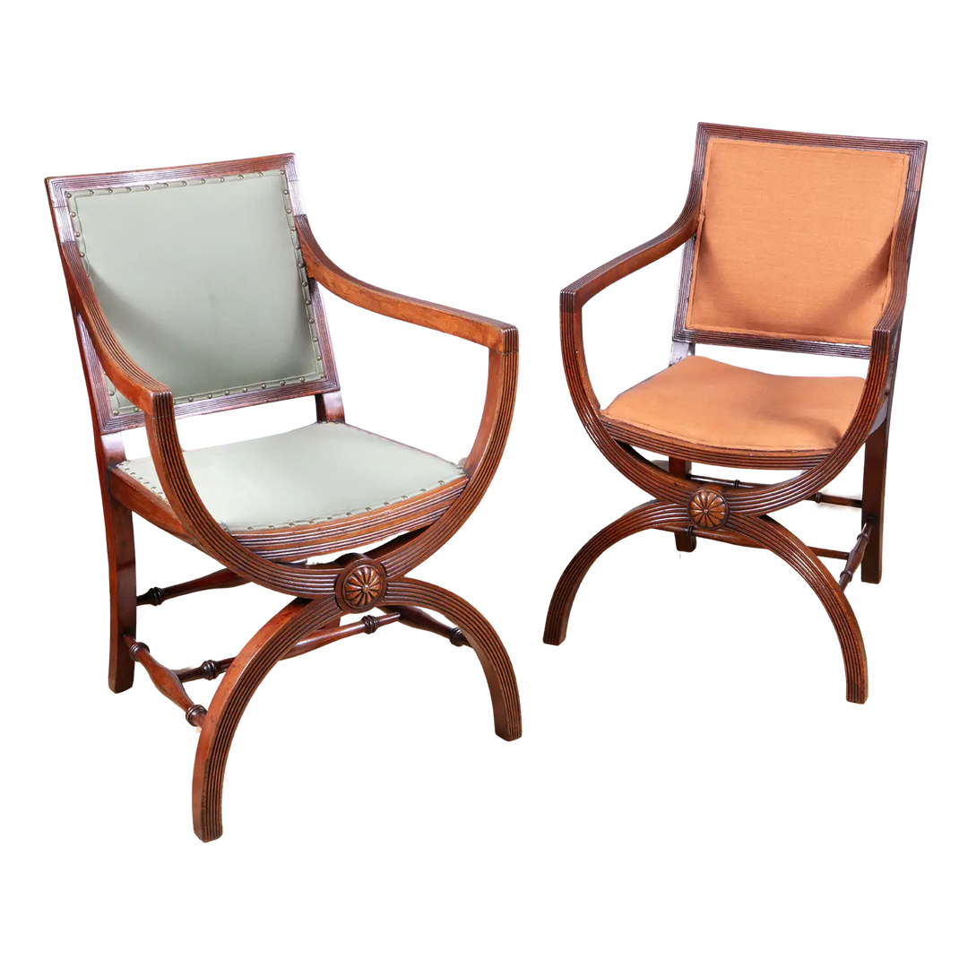 Near pair of Regency mahogany X frame chairs with upholstered seats by Collection CK20, circa 1810 England.