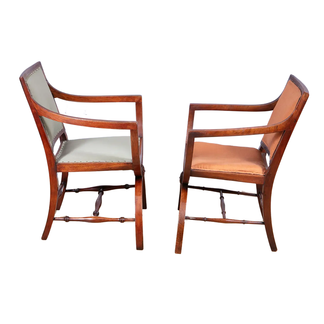 Near pair of Regency mahogany X frame chairs with elegant upholstery by Collection CK20, circa 1810 England.