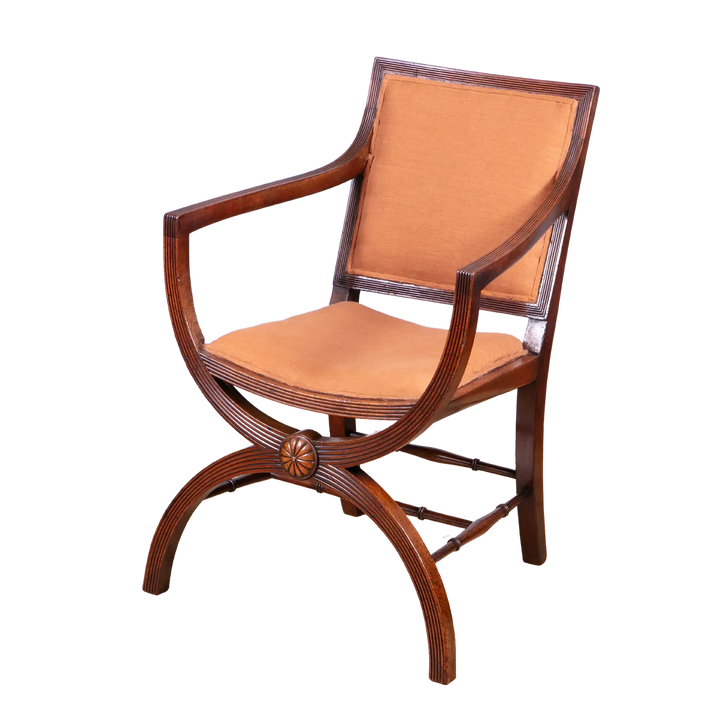 Regency mahogany X frame chair with upholstered seat and back, elegant curved arms, Collection CK20.