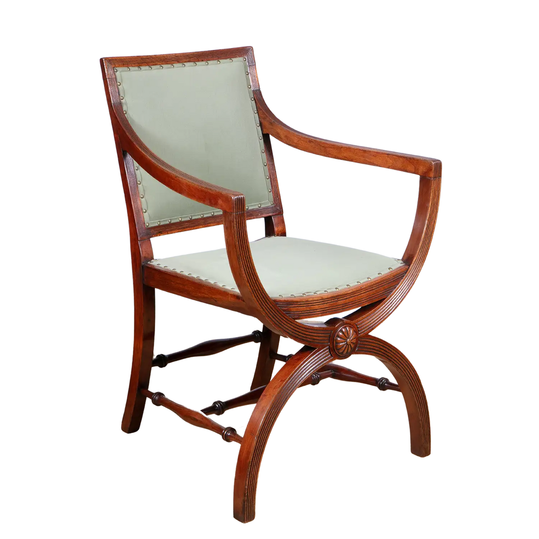 Regency mahogany X frame chair with elegant curved arms and upholstered seat by Collection CK20, circa 1810 England.
