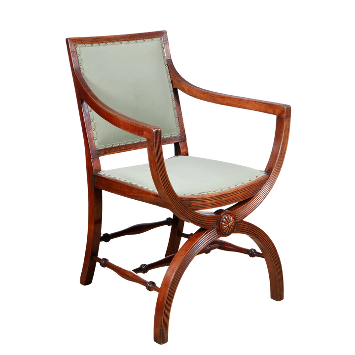 Regency mahogany X frame chair with elegant curved arms and upholstered seat by Collection CK20, circa 1810 England.