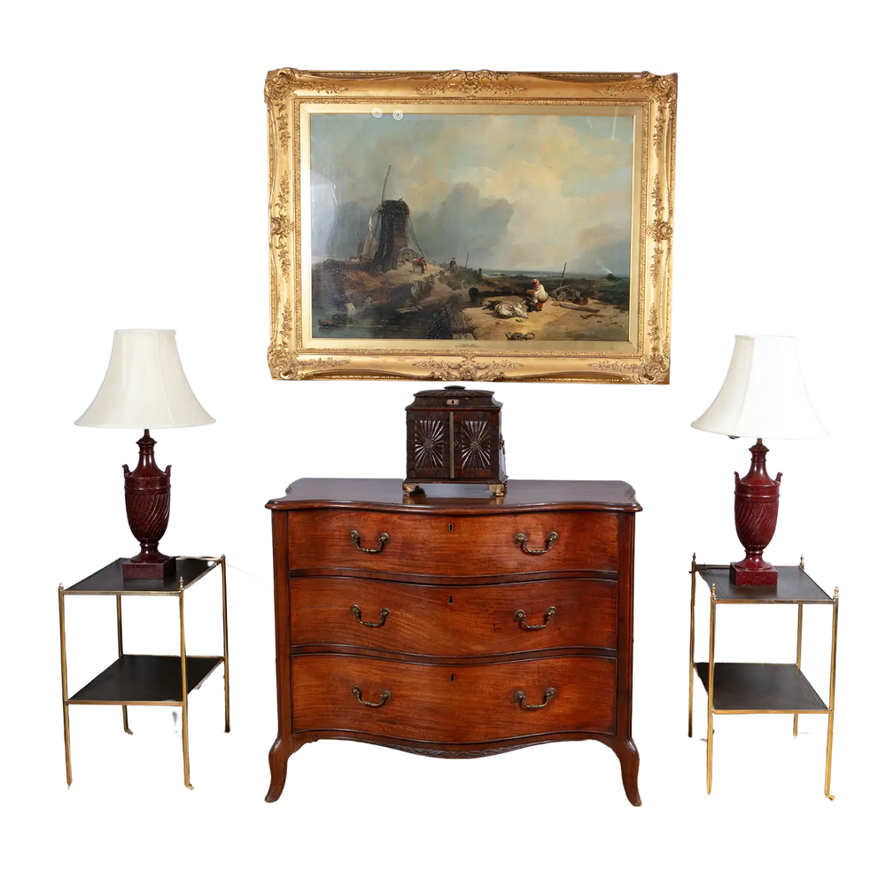 Pair of Classical Faux Porphyry Urns as Table Lamps with fluted bodies and square bases shown with shades.